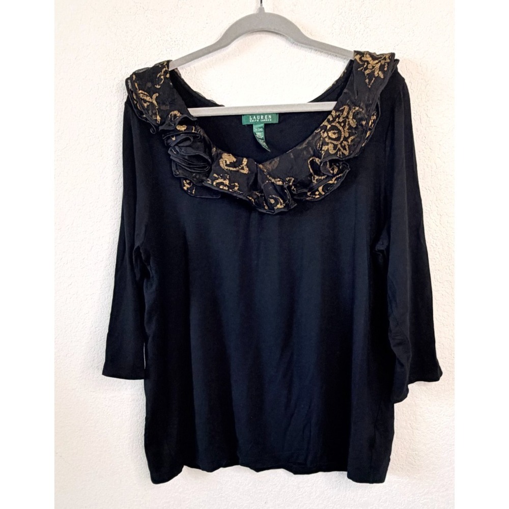 Lauren Ralph Lauren Top Women's 2X Black Gold Ruffle Neck Stretch‎ Romantic